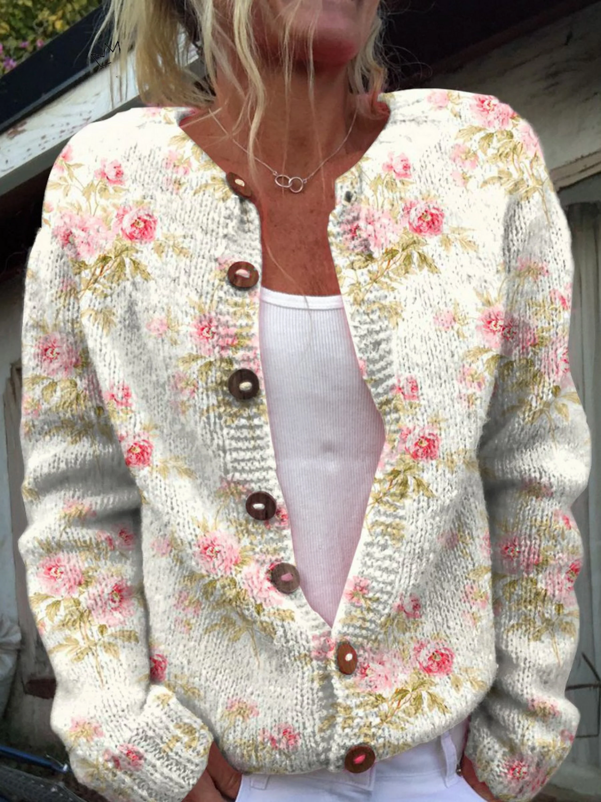 Karen | Cárdigan de punto con estampado floral vintage