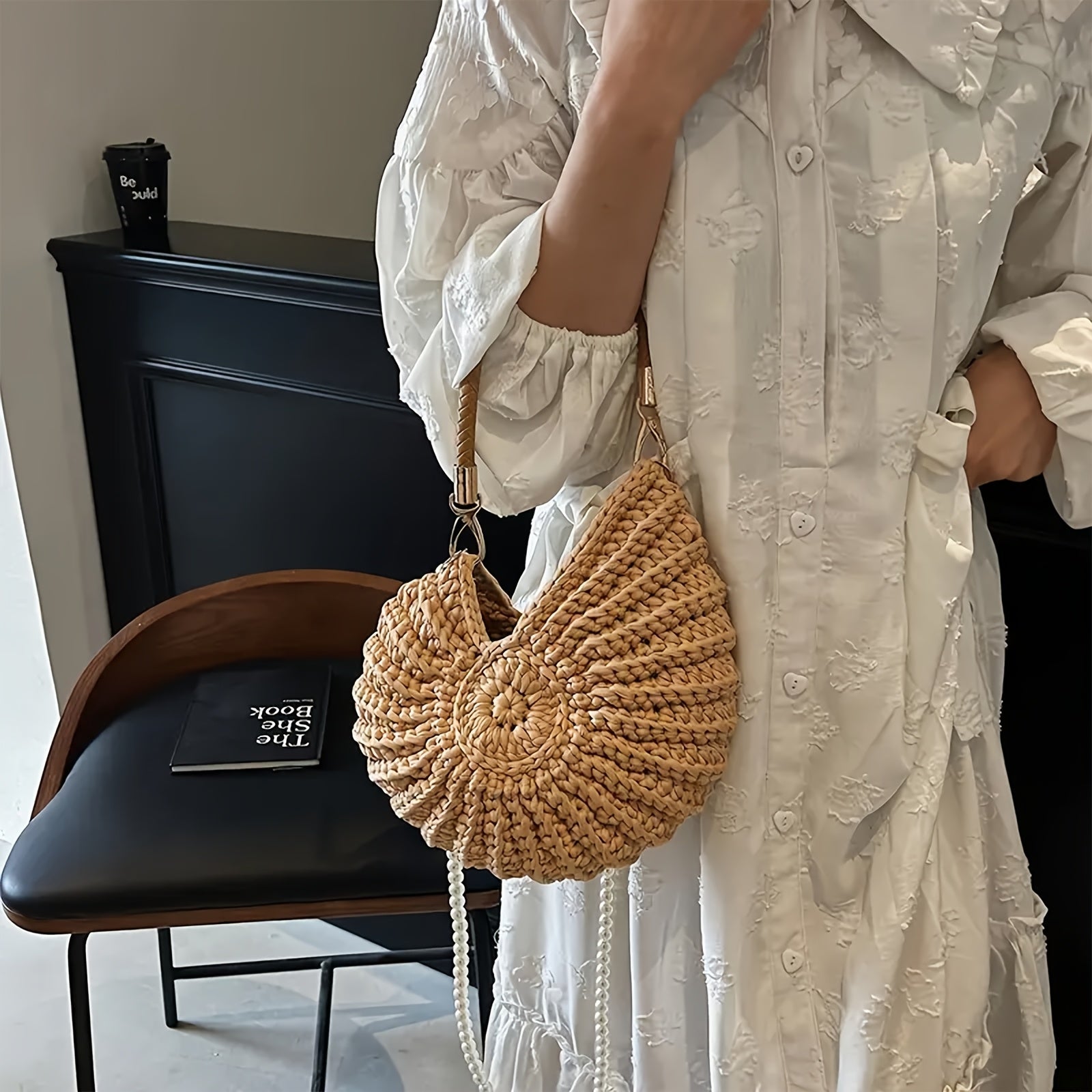 Mar | Bolso tote trenzado con correa de cadena - Camello