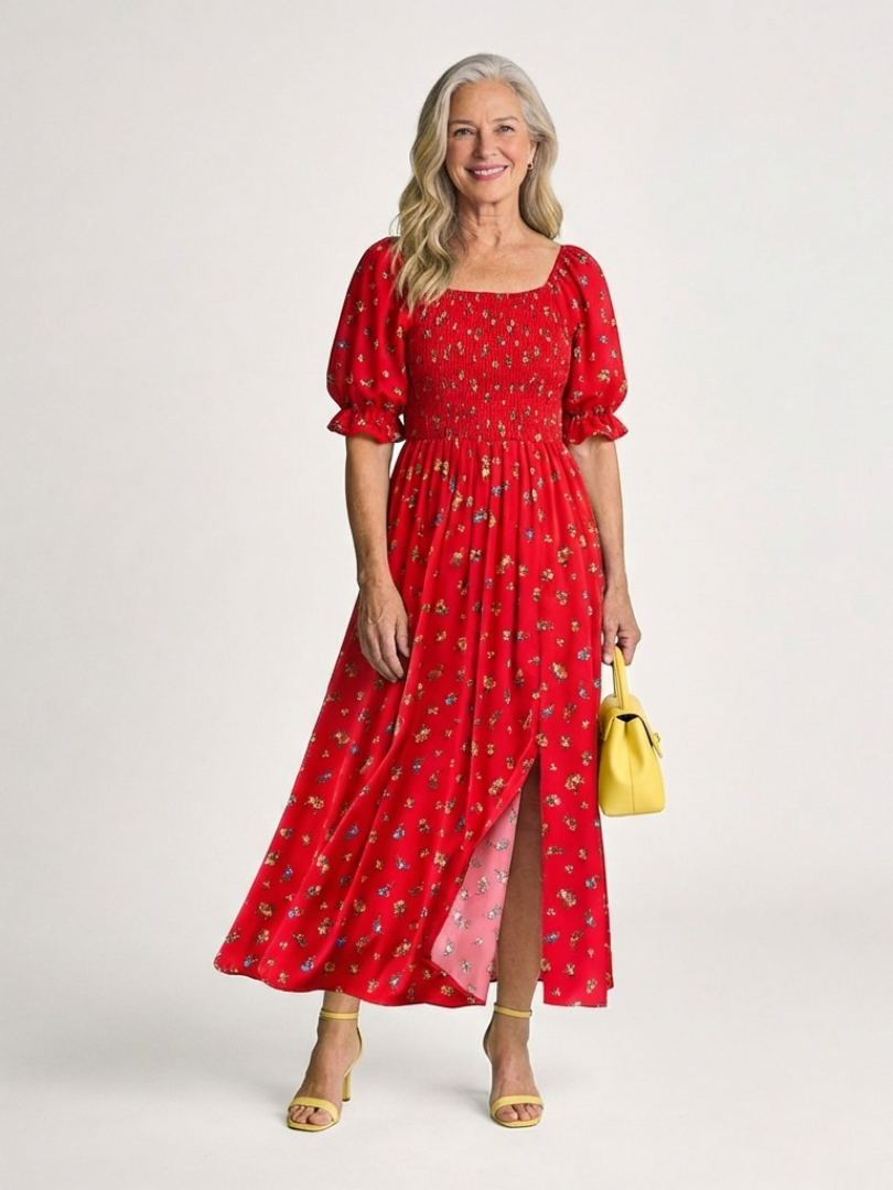 Yasmin | Vestido midi con cuello cuadrado, estampado floral y mangas abullonadas