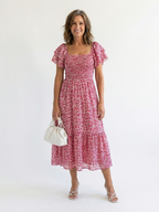 Ainhoa | Vestido midi con hombros al aire, estampado floral y fruncido