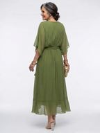 Jade | Vestido midi con cuello en V, cintura drapeada y lazo