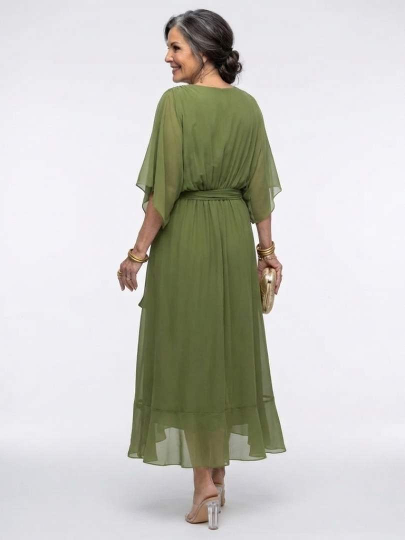 Jade | Vestido midi con cuello en V, cintura drapeada y lazo