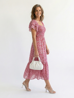 Ainhoa | Vestido midi con hombros al aire, estampado floral y fruncido