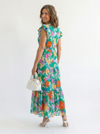 Lila | Vestido midi con cuello en V y volantes, con estampado floral