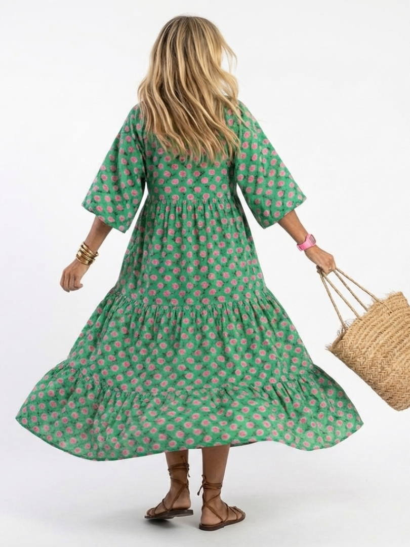 Fiora | Vestido midi con estampado floral, cuello en V y capas