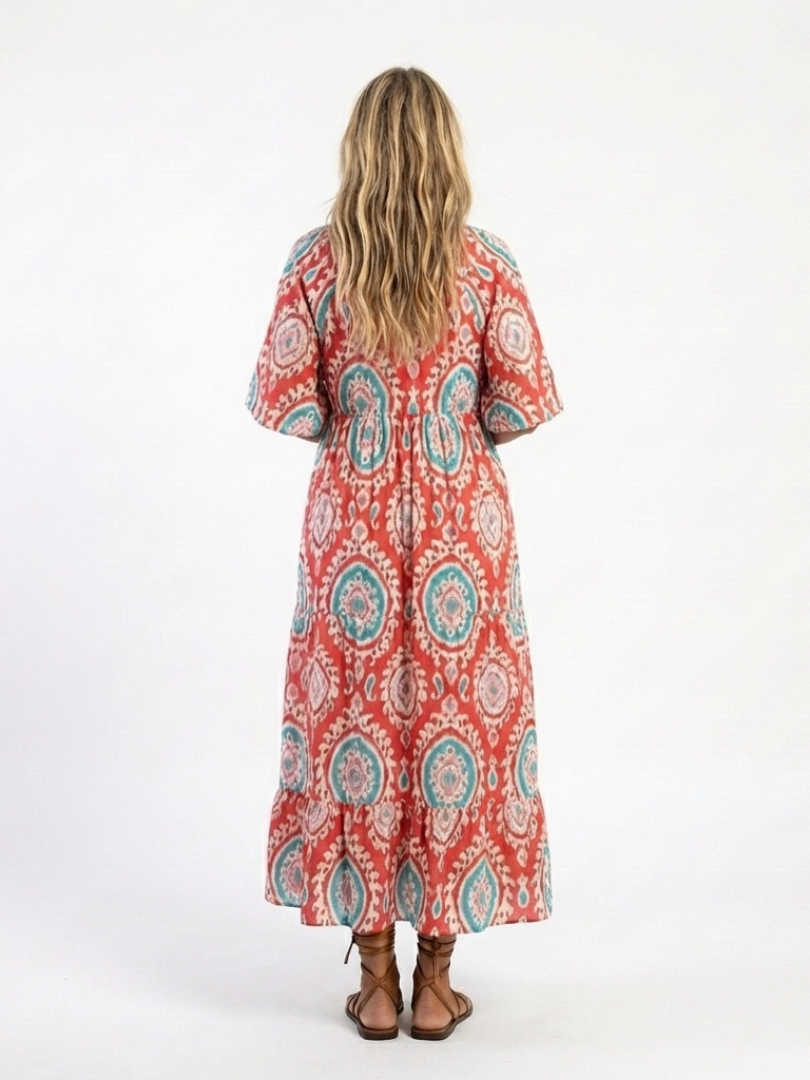 Zoe  | Vestido midi de manga corta con cuello en V y estampado Paisley