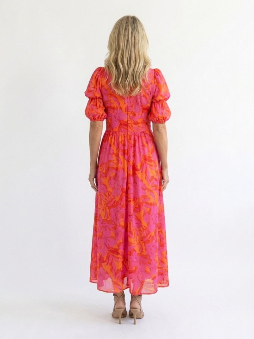 Alessia  | Vestido midi con estampado floral, cuello en V y mangas abullonadas