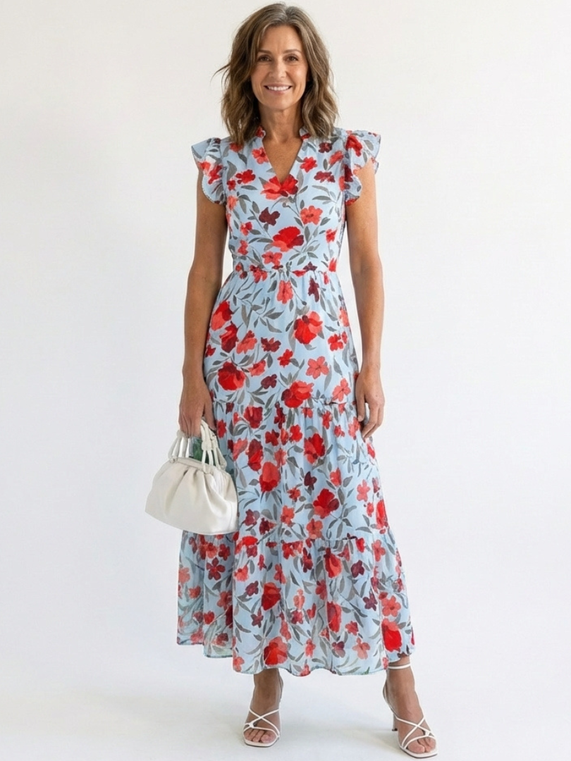 Lila | Vestido midi con cuello en V y volantes, con estampado floral