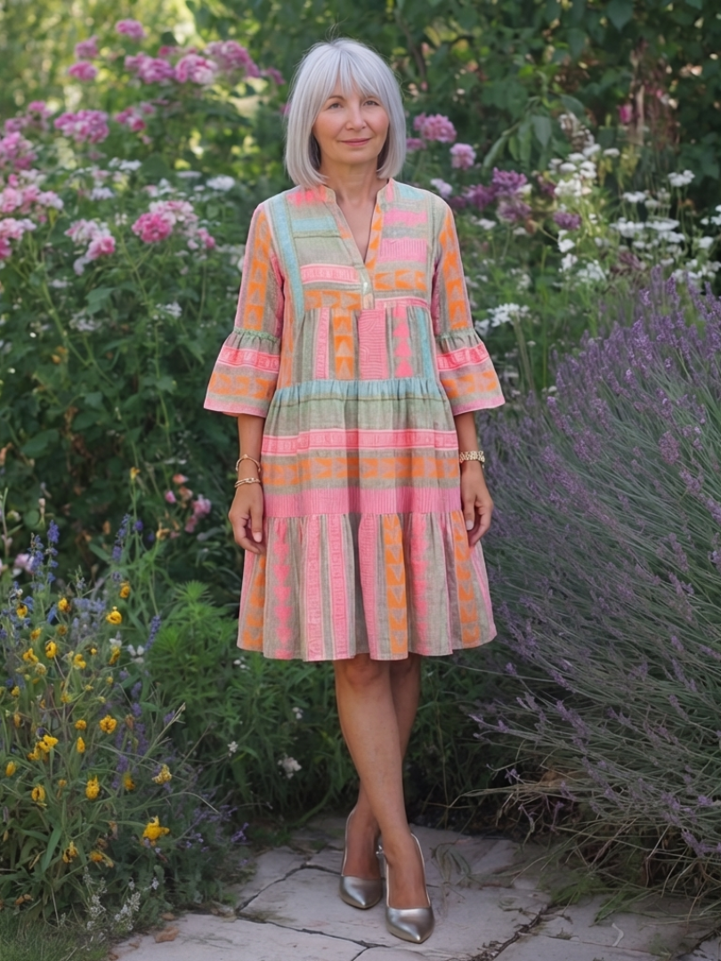Emma | Vestido hasta la rodilla con cuello en V y volantes, con estampado geométrico