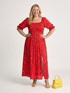 Yasmin | Vestido midi con cuello cuadrado, estampado floral y mangas abullonadas