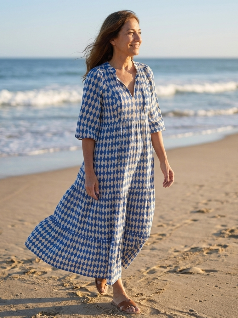 Melody | Vestido midi escalonado con estampado de rombos