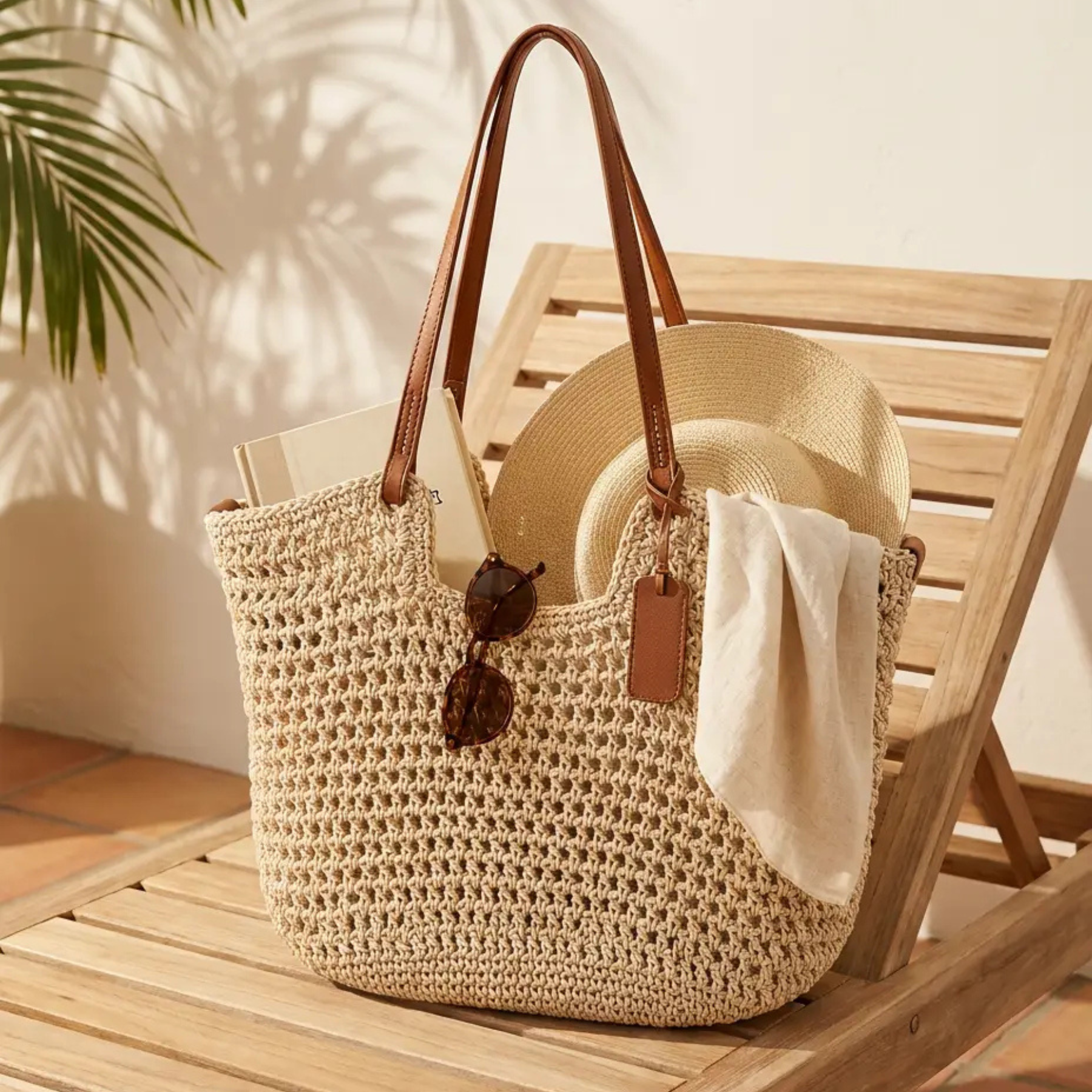Carolina | Bolso shopper trenzado a mano con ganchillo - Beige claro
