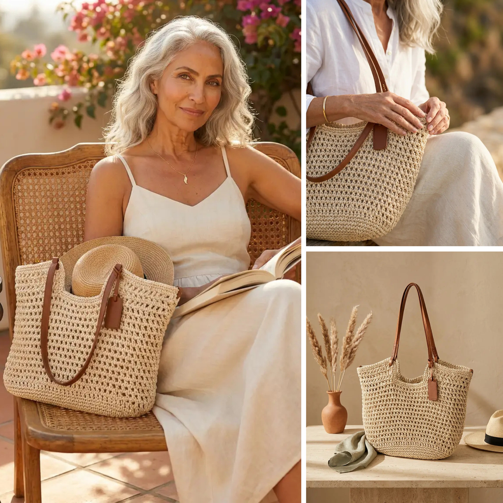 Carolina | Bolso shopper trenzado a mano con ganchillo - Beige claro