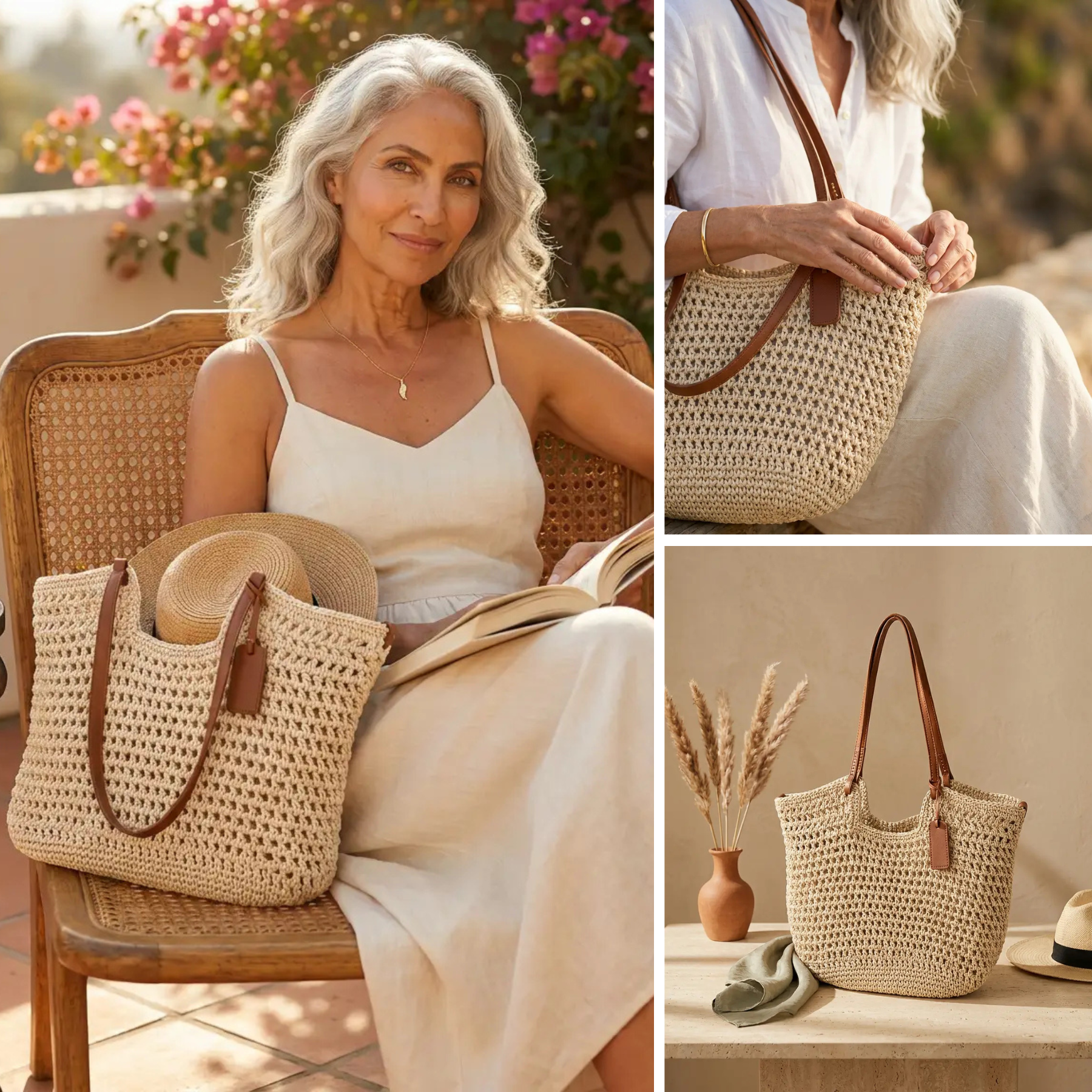 Carolina | Bolso shopper trenzado a mano con ganchillo - Beige claro