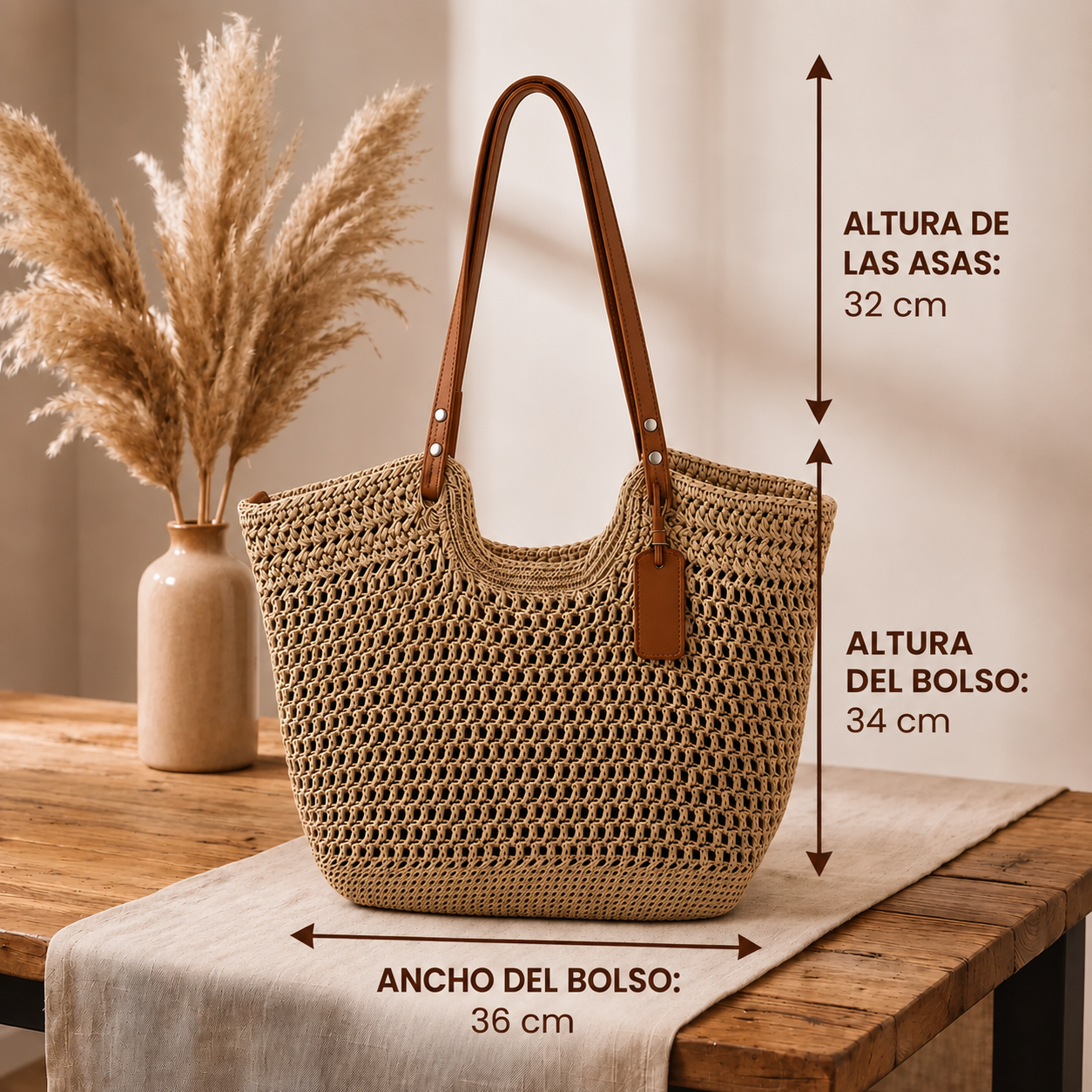 Carolina | Bolso shopper trenzado a mano con ganchillo - Beige claro