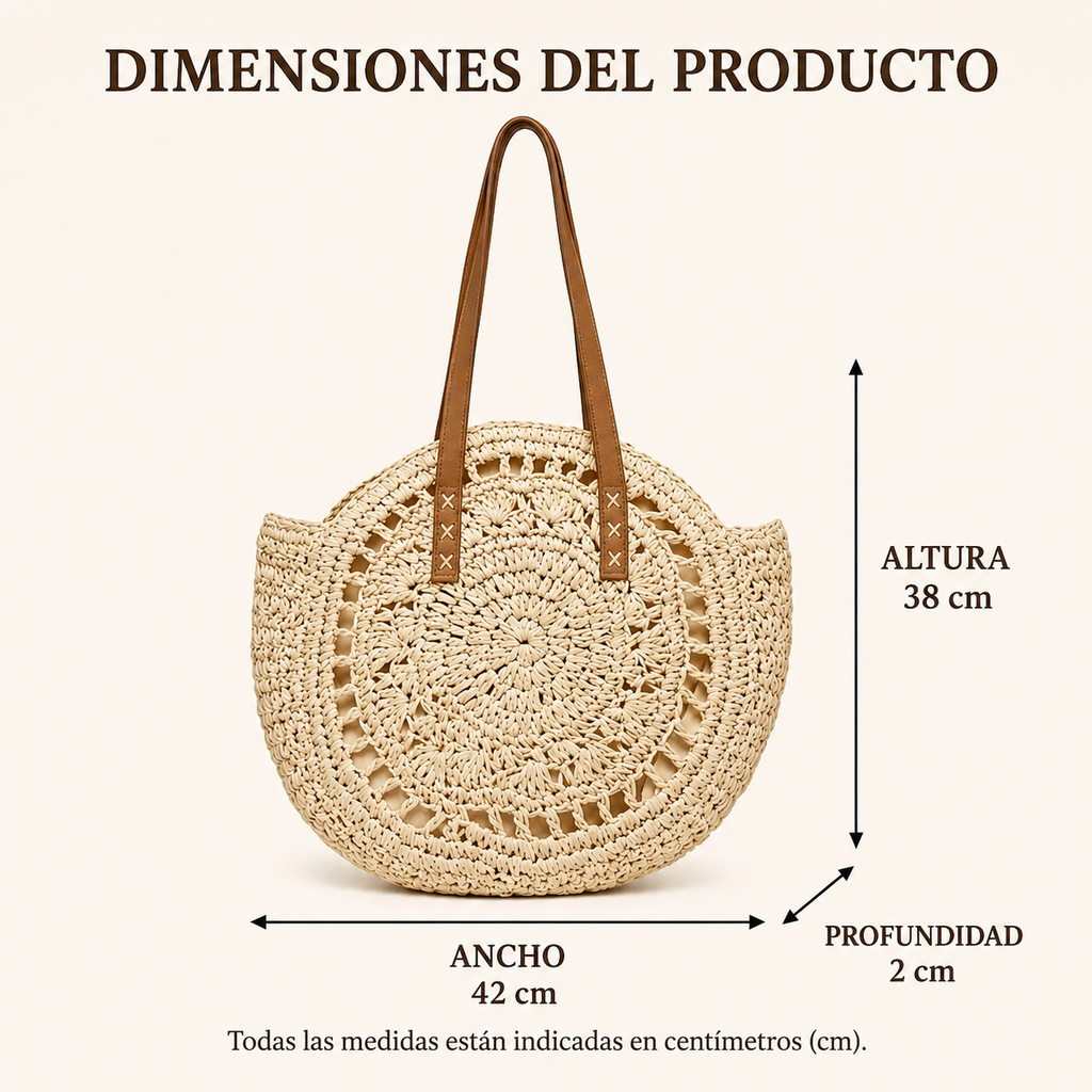 Lola | Bolso redondo de paja trenzada con motivo — Cognac