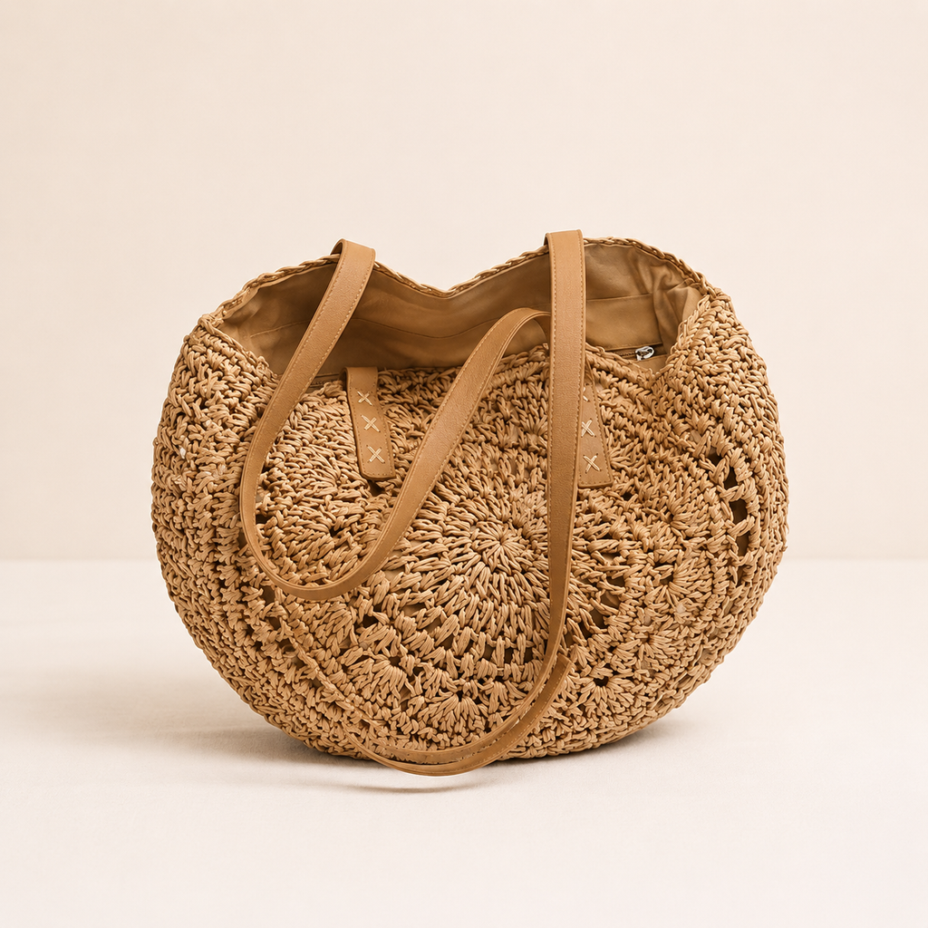 Lola | Bolso redondo de paja trenzada con motivo — Cognac