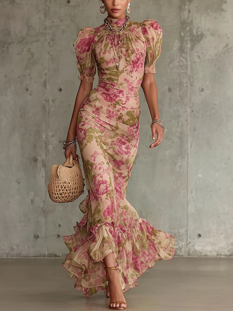 Vestido largo con estampado rosa vintage y mangas abullonadas (accesorios no incluidos)