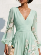 Mireya | Vestido midi verde claro con estampado floral