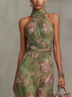 Lydia | Elegante vestido largo con cuello halter y estampado floral