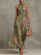 Lydia | Elegante vestido largo con cuello halter y estampado floral