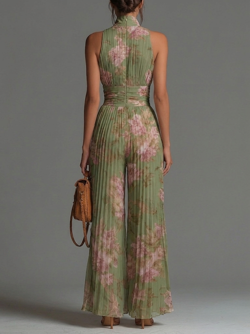 Carla | Mono sin mangas de gasa verde con estampado floral, cremallera y pliegues, de corte ancho