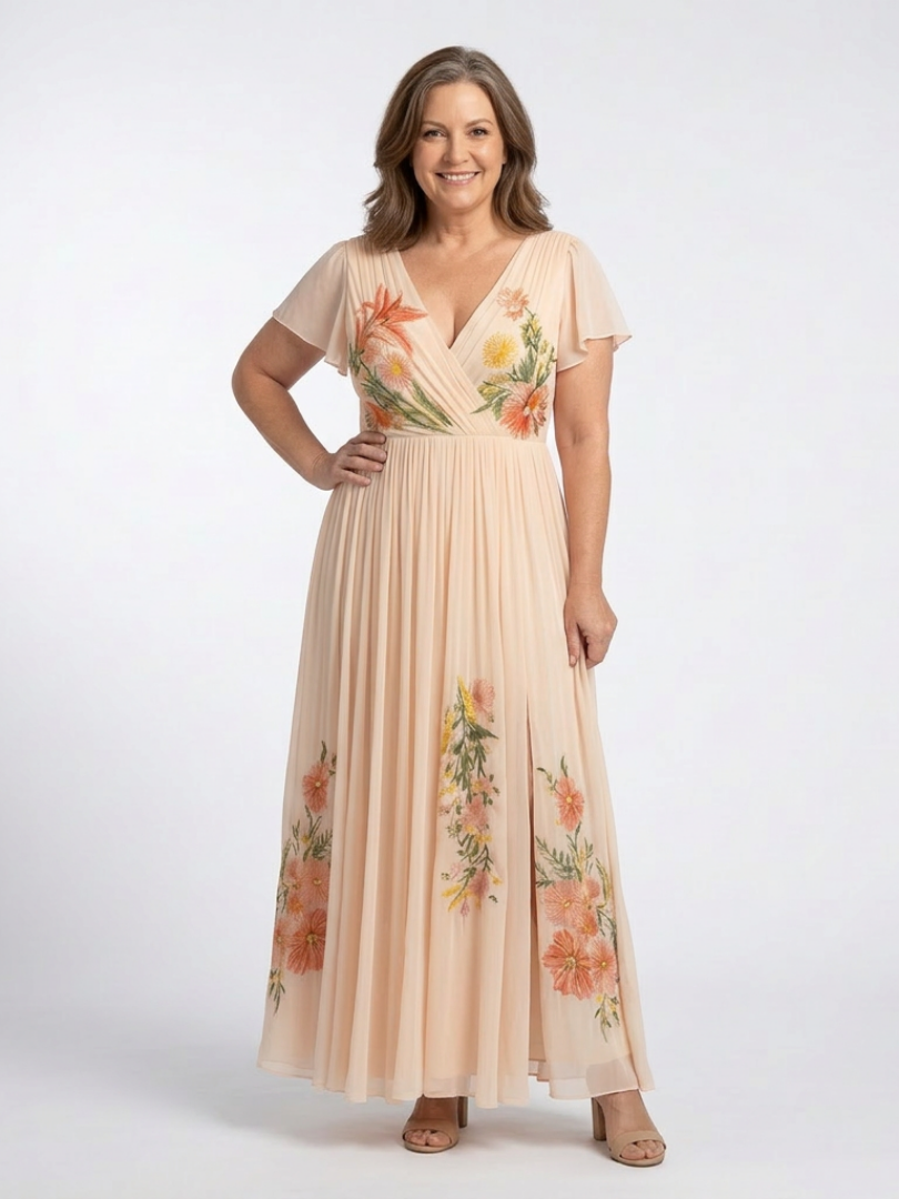 Vega | Vestido largo floral plisado de manga corta y cuello en V