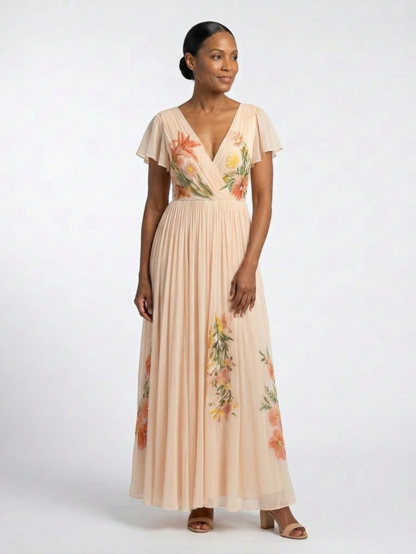 Vega | Vestido largo floral plisado de manga corta y cuello en V