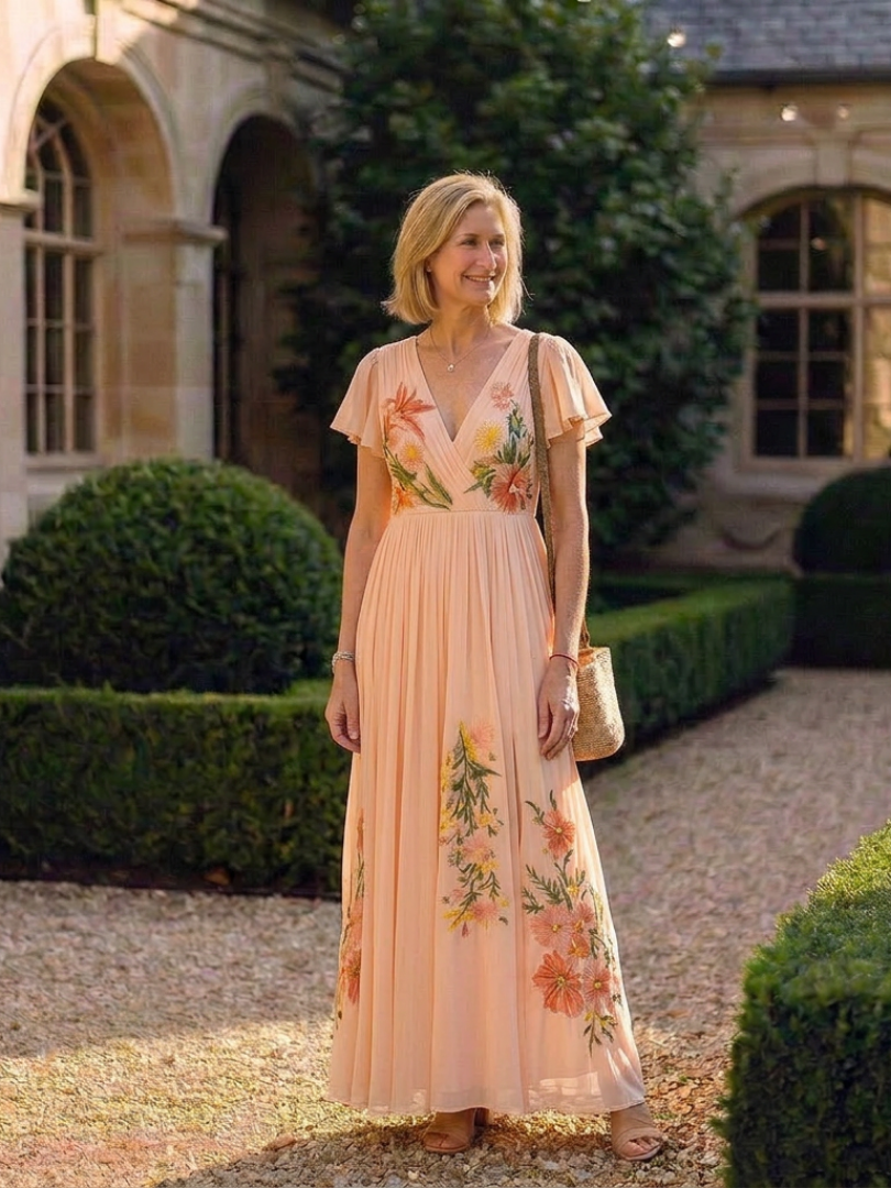 Vega | Vestido largo floral plisado de manga corta y cuello en V