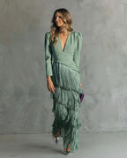 Clara | Vestido elegante con mangas con flecos
