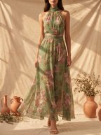 Lydia | Elegante vestido largo con cuello halter y estampado floral