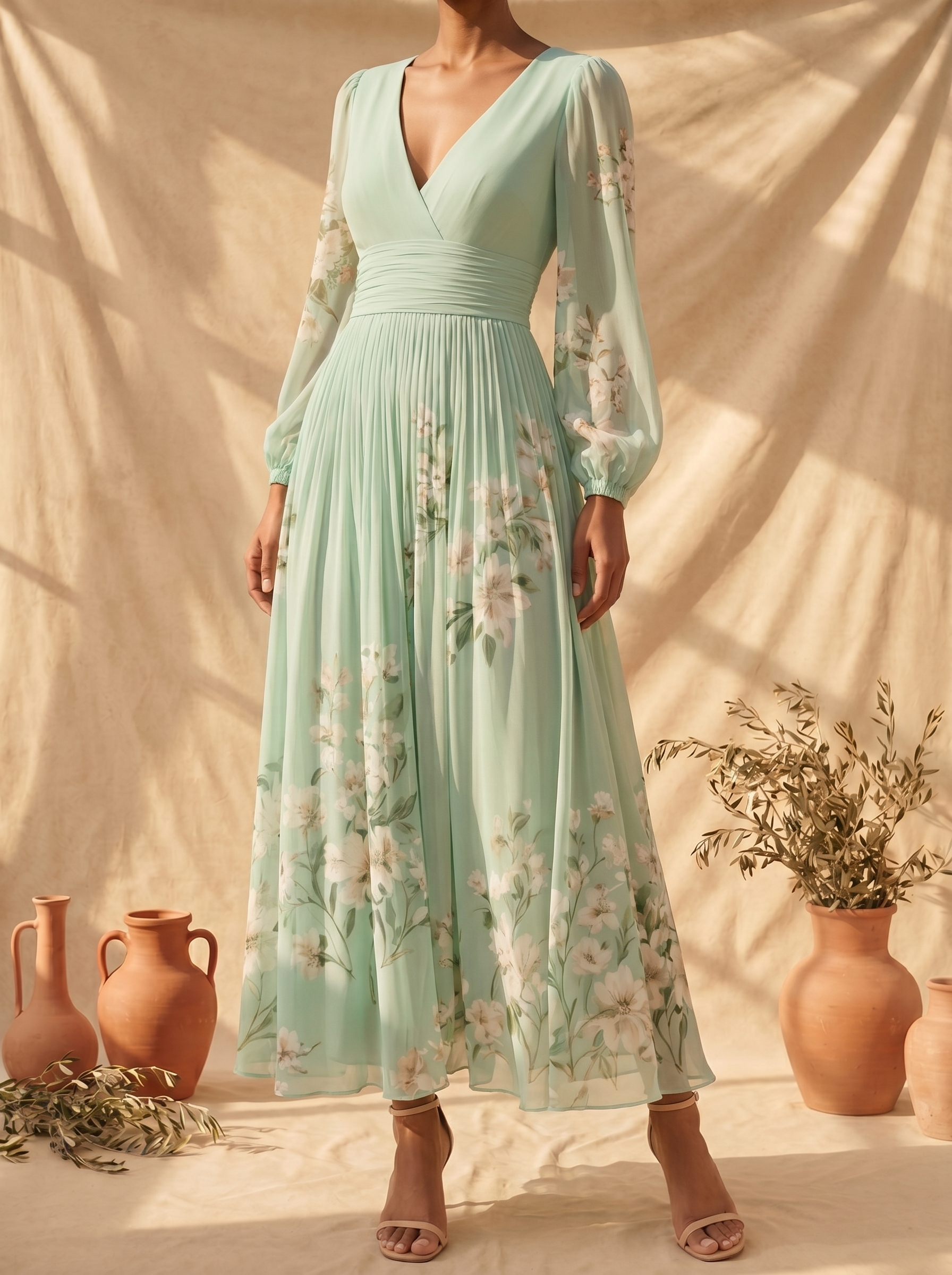 Mireya | Vestido midi verde claro con estampado floral