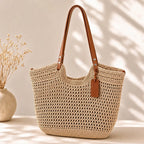Carolina | Bolso shopper trenzado a mano con ganchillo - Beige claro