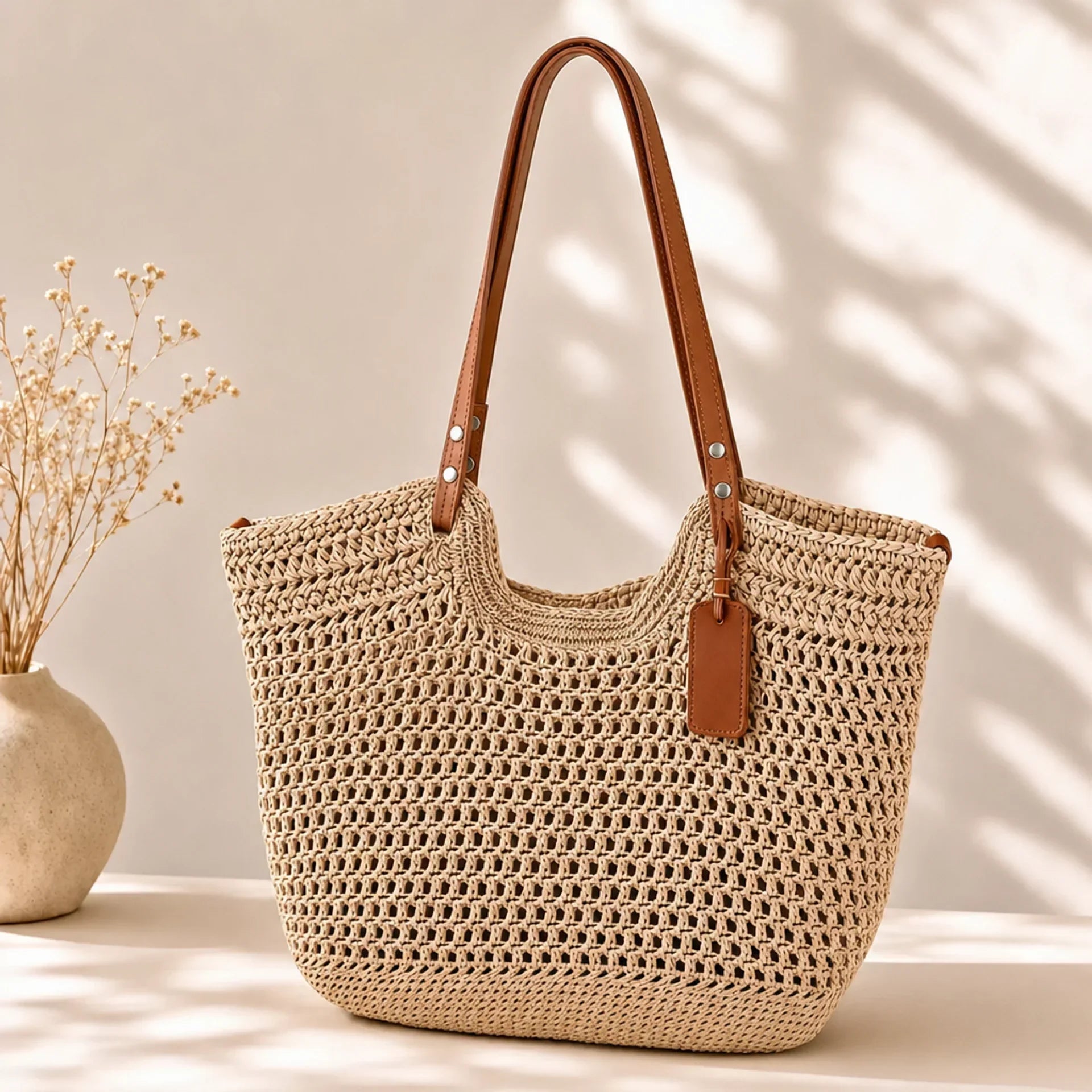 Carolina | Bolso shopper trenzado a mano con ganchillo - Beige claro