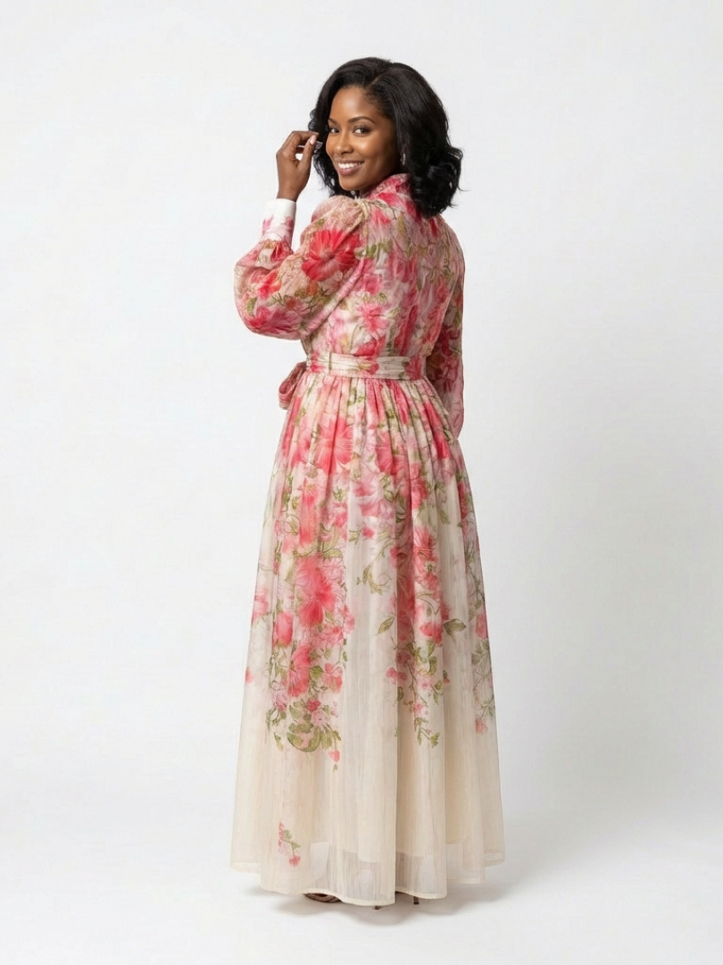 Noa |  Vestido largo de manga larga con estampado floral y tejido transparente